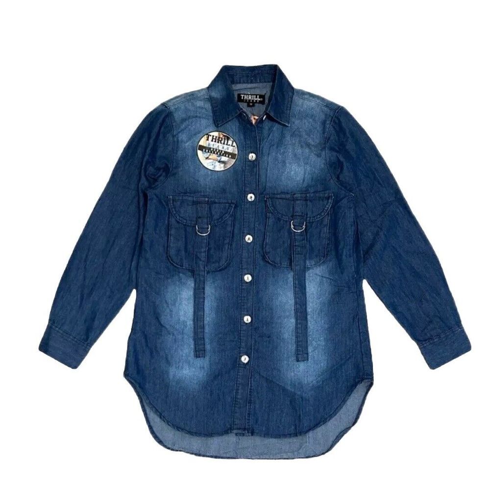 Thrill Jeans Denim Collection Blue Tunic Long Blouse 2 Pockets Women‎ Large NWT